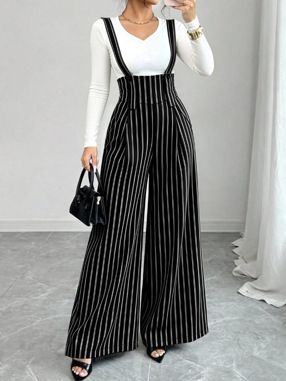 Black Elegant Women's Striped High Waist Loose Overall Pants - Picture 3 of 5